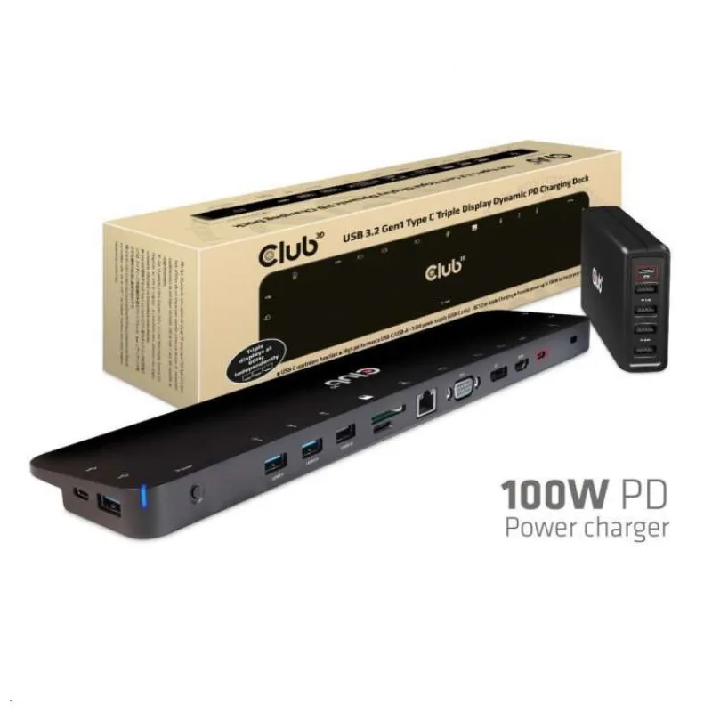 Dokovacia stanica Club3D USB-C 3.2 s napájacím adaptérom Triple Display Dynamic PD, 100 W (CSV-1564W100)
