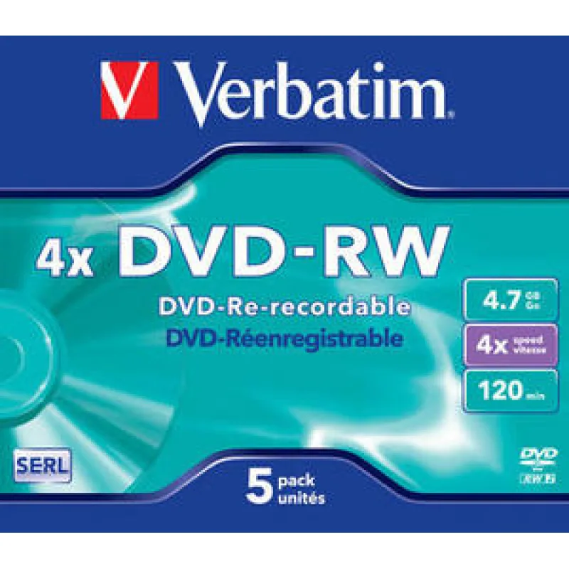 VERBATIM DVD-RW (4x, 4, 7 GB), 5ks/ pack 43285