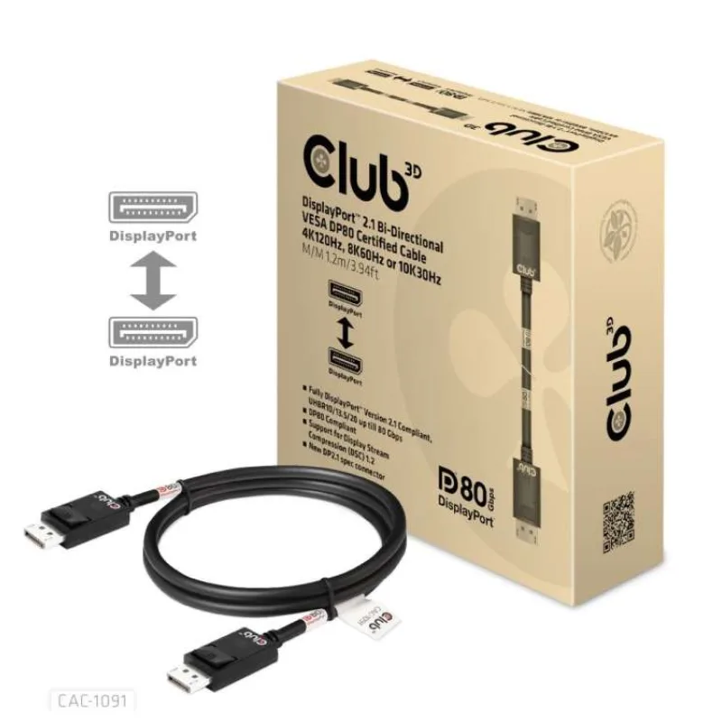 Club3D Kabel DisplayPort 2.1 na DisplayPort 2.1 VESA DP80, 4K240Hz/8K60Hz/10K30Hz HDR (M/M), 1.2m, černá (CAC-1091)
