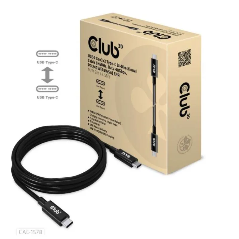 Club3D Kabel USB4 Gen3x2 Type-C Oboustranný kabel 8K60Hz, Data 40 Gbps, PD 240W(48V/5A) EPR M/M 2m (CAC-1578)