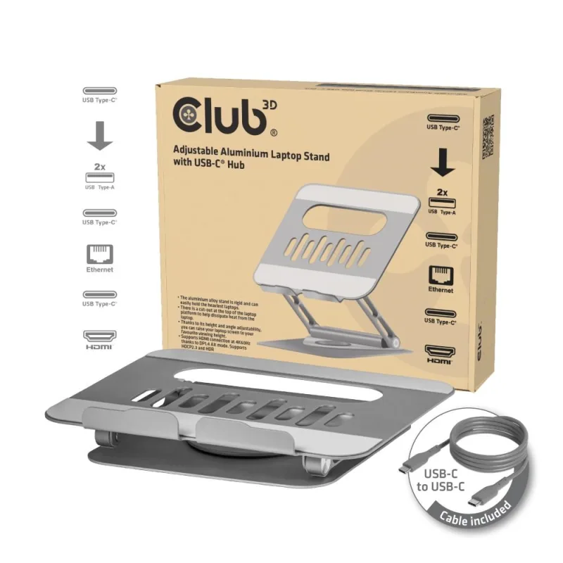 Club3D Nastavitelný hliníkový stojan pro notebook s USB-C hubem na 2xUSB,…