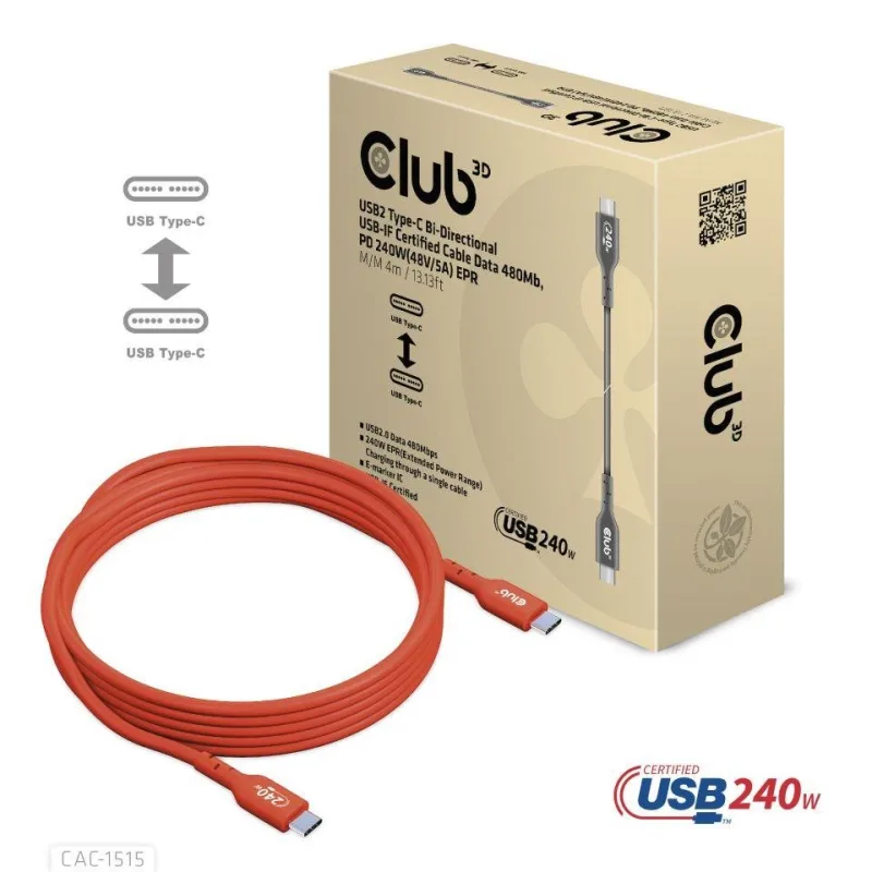 Club3D kabel USB-C, Oboustranný USB-IF Certifikovaný data kabel, PD…