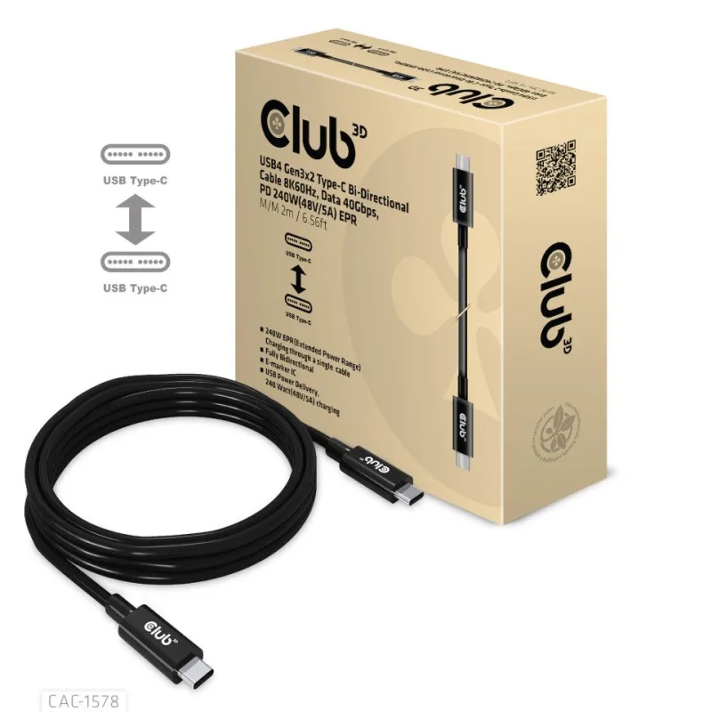 Club3D Kabel USB4 Gen3x2 Type-C Oboustranný kabel 8K60Hz, Data 40 Gbps, …