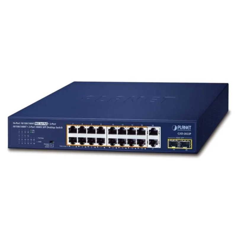 Planet PoE switch 18x1Gb + 2xSFP 1Gb, 16x PoE 802.3at 30/185W, VLAN, extend mód 10Mb-250m (GSD-2022P)