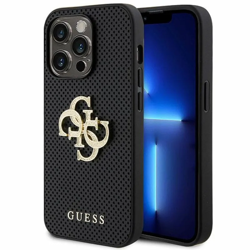 Guess Leather Perforated 4G Glitter Logo Case pre iPhone 15 Pro – čierne