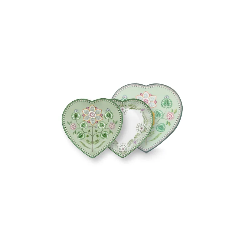 Pip Studio Lily & Lotus sada 2 talířků ve tvaru srdce, zelená