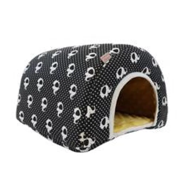 Domek dr.savec oblouk L, černobílí sloni, okrová minky 27x27x20cm 1 ks