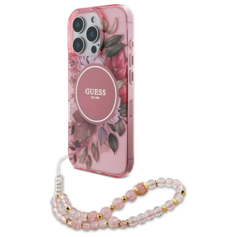 Guess IML Flowers s perlovým remienkom Puzdro MagSafe iPhone 16 Pro Max – ružové