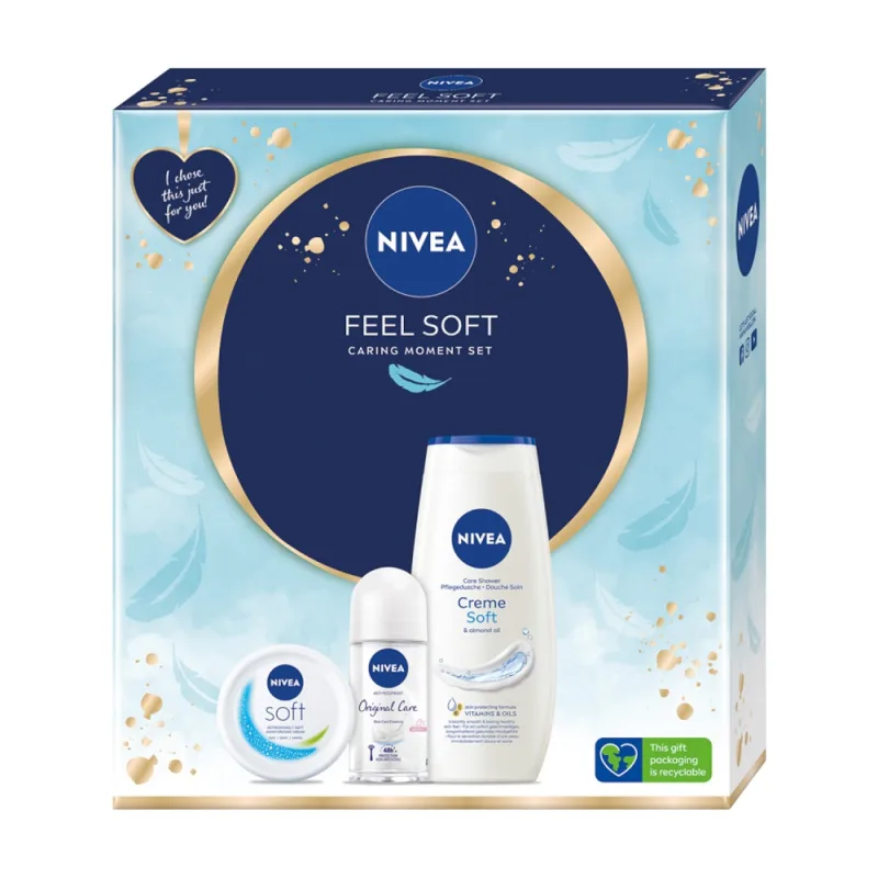 Nivea, Feel Soft antiperspirant roll-on 50ml + intenzívny hydratačný krém 100ml + sprchový gél 250ml