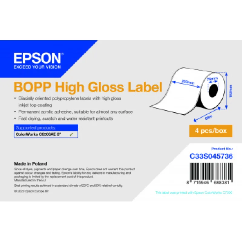 EPSON POKLADNÍ SYSTÉMY BOPP High Gloss Label Cont.R, 203mm x 68m C33S045736