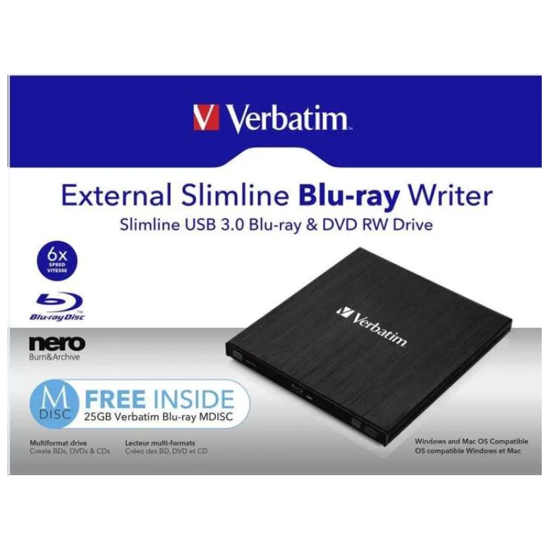 VERBATIM Slimline Blu-ray Rewriter USB 3.0 Bezplatný BR disk 25 GB (CD DVD BD Mdisc) (43890)