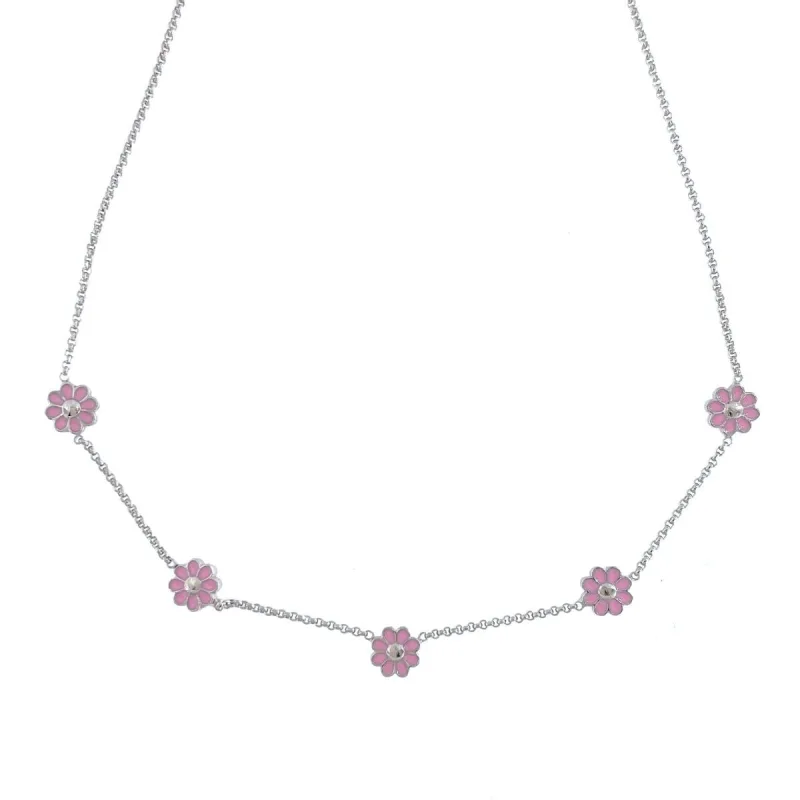 Strieborný náhrdelník s ružovými kvietkami