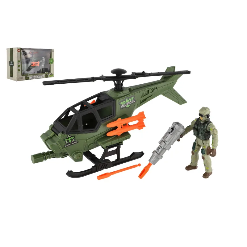 Teddies Vojenská sada helikoptéra/vrtuľník+vojak s doplnkami plast v krabici 27x18x12cm