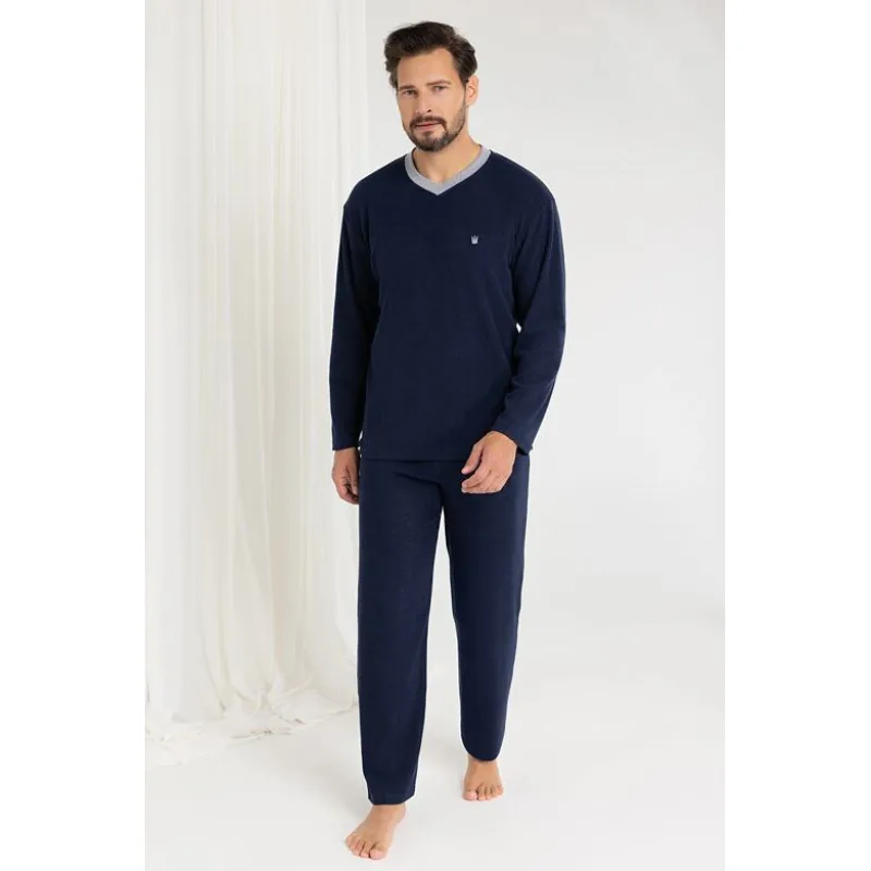 Pánske froté pyžamo Charles modré dlhé L