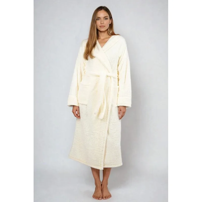 Dlhý huňatý župan Diana ecru s kapucňou 5XL