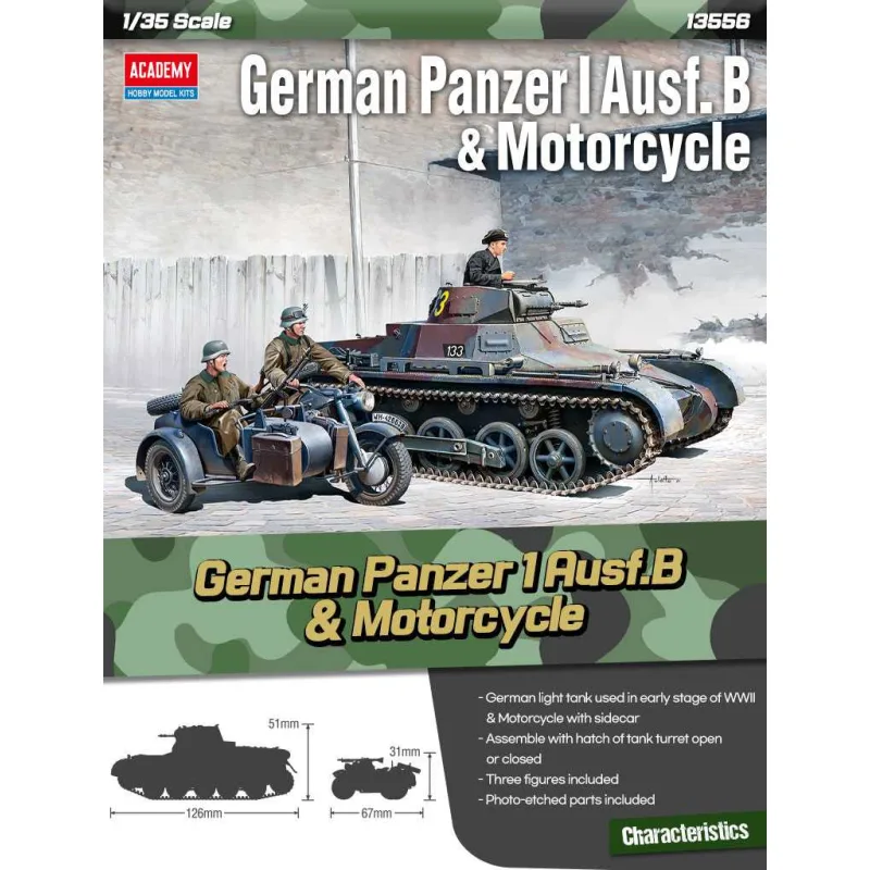 Academy Model Kit military 13556 - Nemecký Panzer I Ausf.B & Motocykel (1:35)