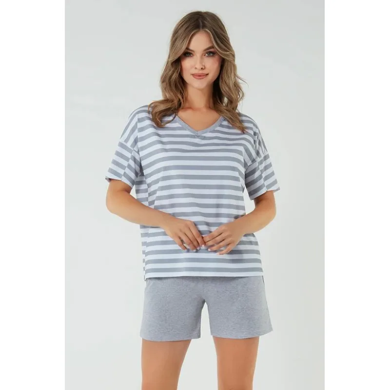 Bavlnené dámske pyžamo Bari sivé s pruhmi S