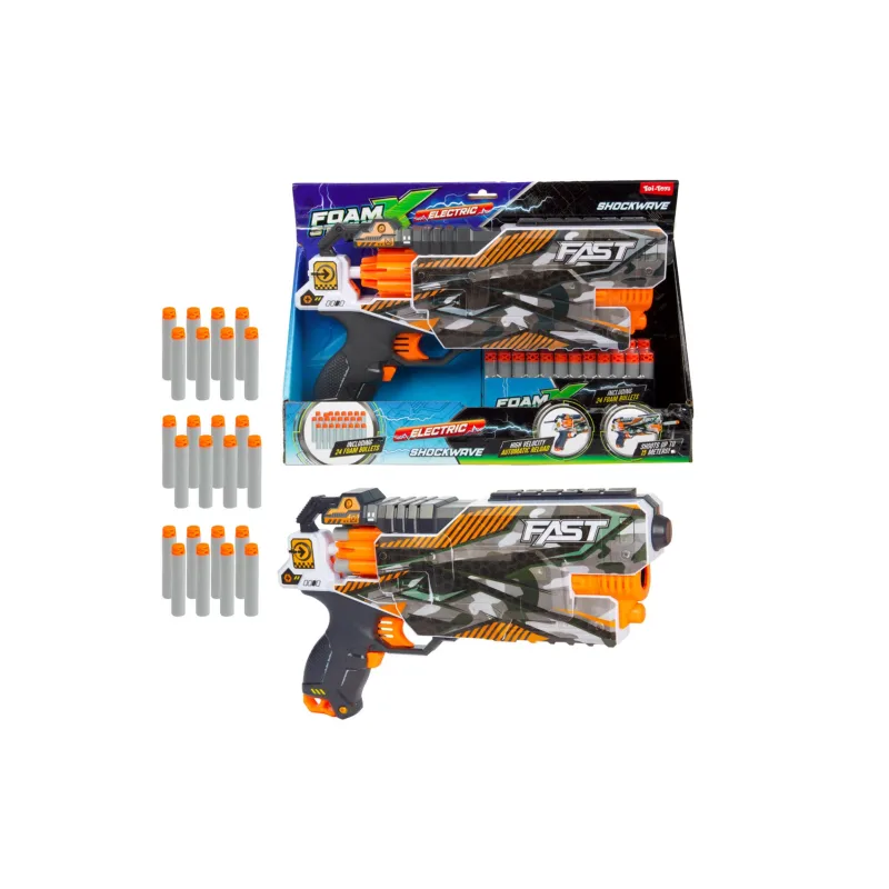 Teddies Pištoľ na penové náboje + náboje 24ks plast 35cm na batérie so zvukom v krabici 36x26x6,5cm