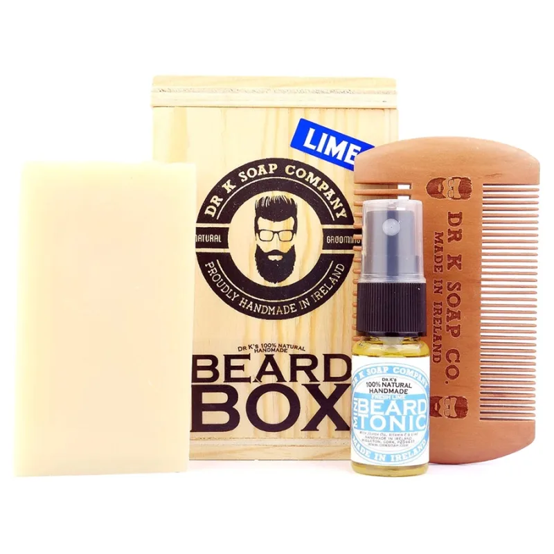 Súprava mydla, hrebeňa a tonika na fúzy v drevenom boxe DR K SOAP COMPANY Beard box Lime