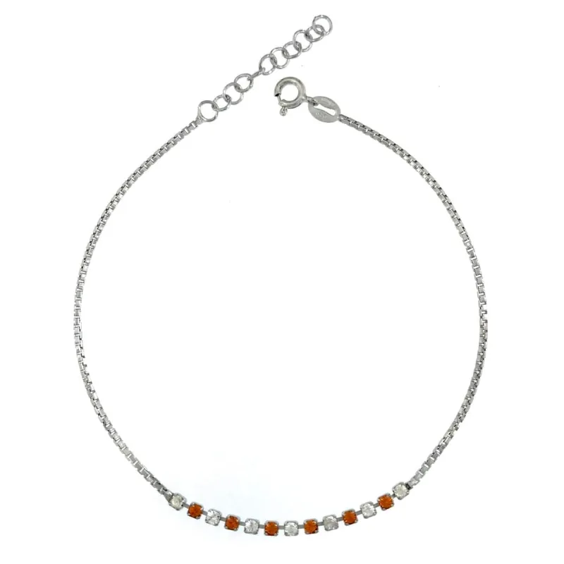 Strieborná retiazka na nohu s oranžovými kamienkami