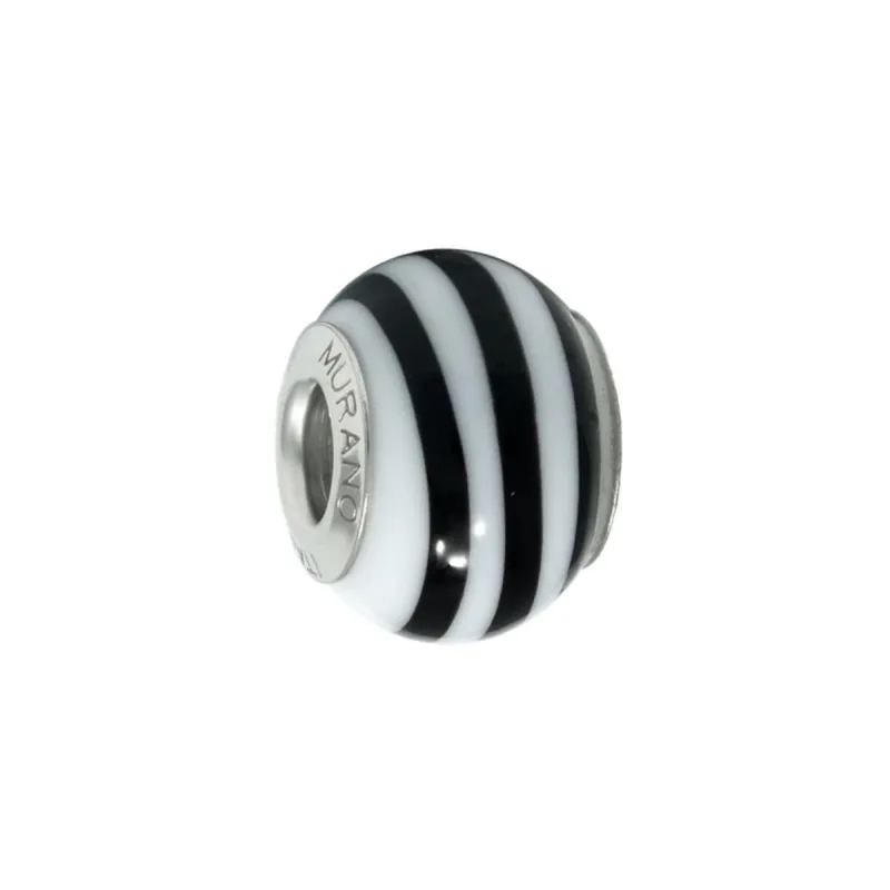 Strieborný navliekací korálik biely s čiernou špirálou