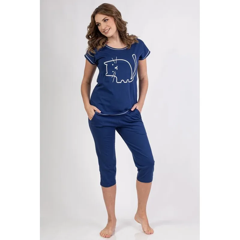 Bavlnené dámske pyžamo Mici modré s mačkou M