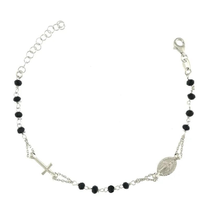Strieborný náramok ruženec s čiernymi korálikmi dĺžka náramku 17+3cm