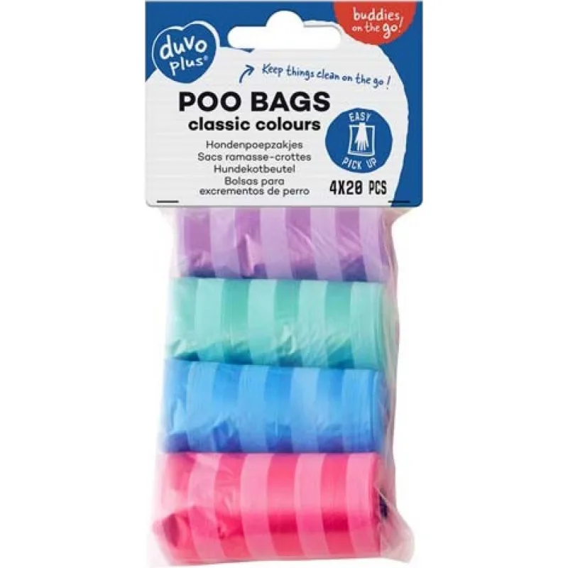 Sáčky DUVO+ na zber psích výkalov farebné s prúžkami 4 x 20 ks