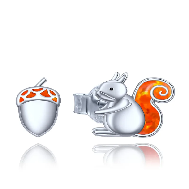 Strieborné náušnice veverička a orech s opálom MINET JMAN0345VE01