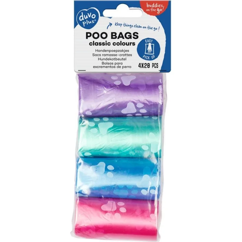 Sáčky DUVO+ na zber psích výkalov farebné s labkami 4 x 20 ks