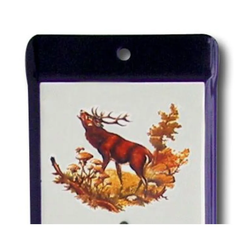 Venkovní teploměr smaltovaný, Modrobílý 500 x 95 mm, Motiv Troubící jelen