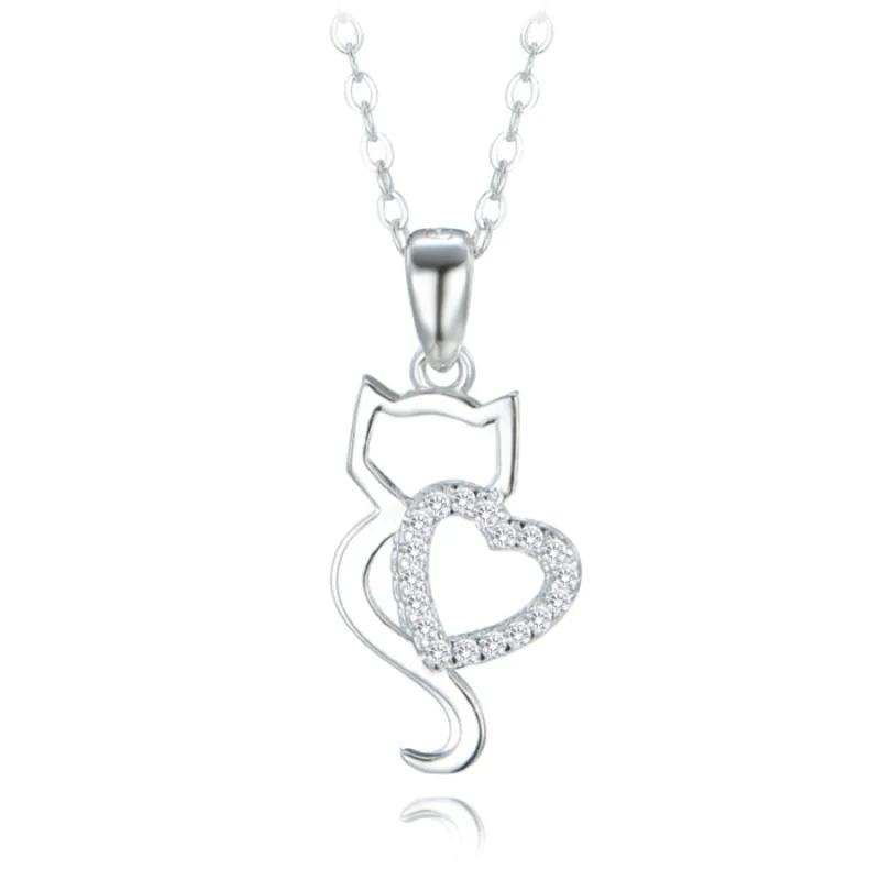 Strieborný náhrdelník mačka so srdcom a bielymi zirkónmi MINET JMAN0529SN45