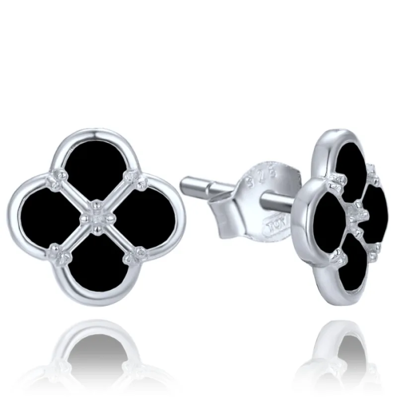 Strieborné náušnice štvorlístok s čiernym narcisom MINET JMAS7058CE01