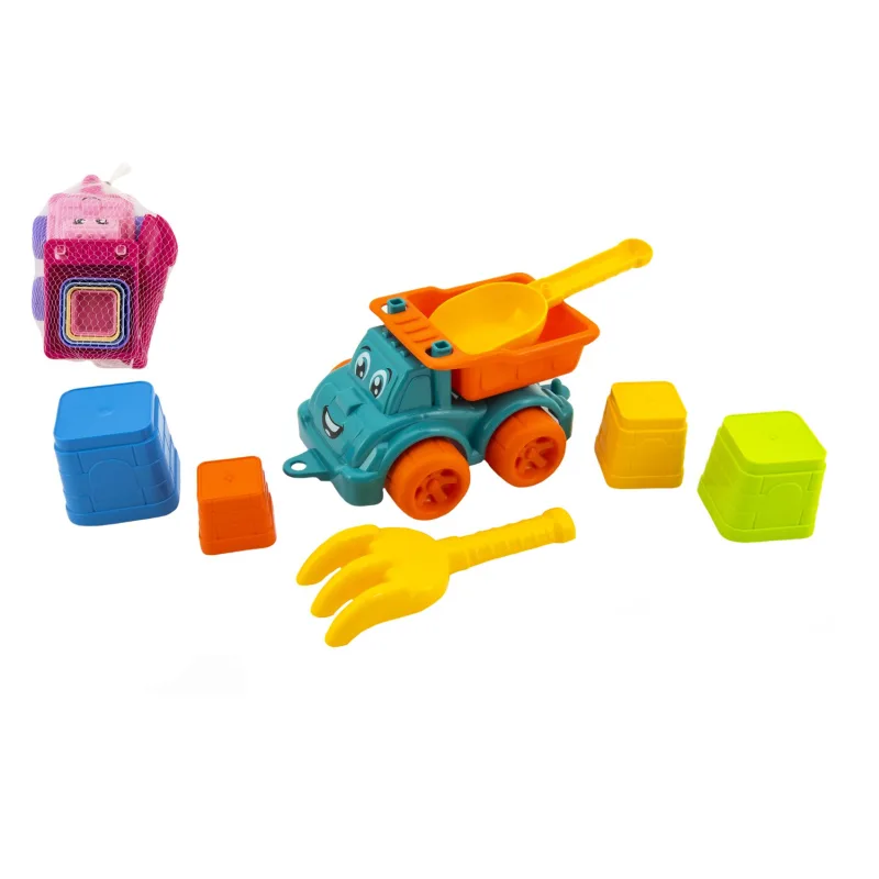 Teddies Sada na piesok 6ks plast auto na voľný chod s doplnkami 2 farby v sieťke 16x13x21cm 12m+
