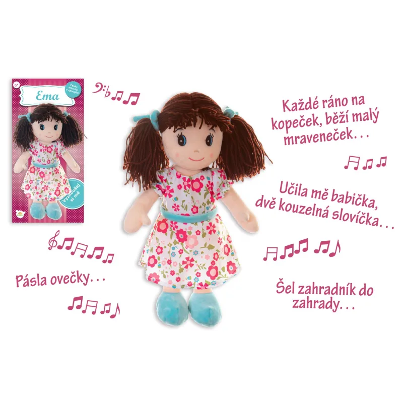 Teddies Bábika Ema látková plyšová 40 cm česky hovoriaca a spievajúca na karte v sáčku 0+