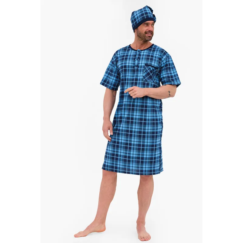 Pánska nočná košeľa a nočná čiapka Alex modré káro 4XL