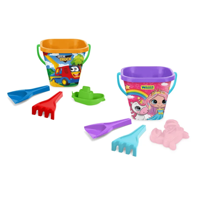 WADER Sada na piesok 4ks plast vedro s doplnkami 2 druhy v sieťke 20x15x17cm 12m+ Wader