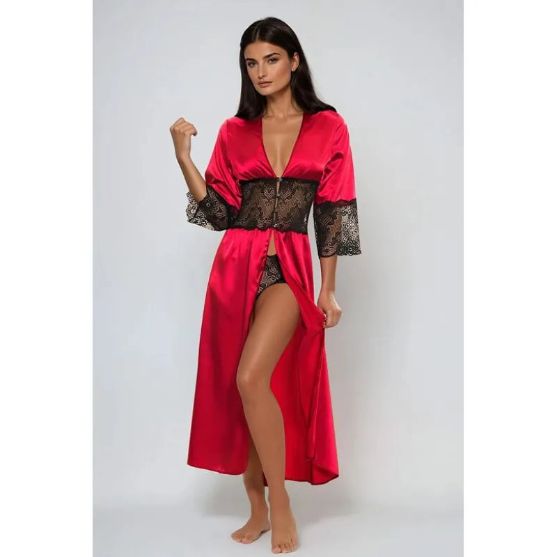 Saténový župan s čipkovými šortkami Mindanao vínový S