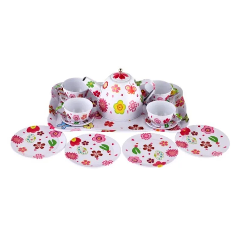 Dětská čajová sada bílá s květy, 14ks plech, 25x17x11 cm