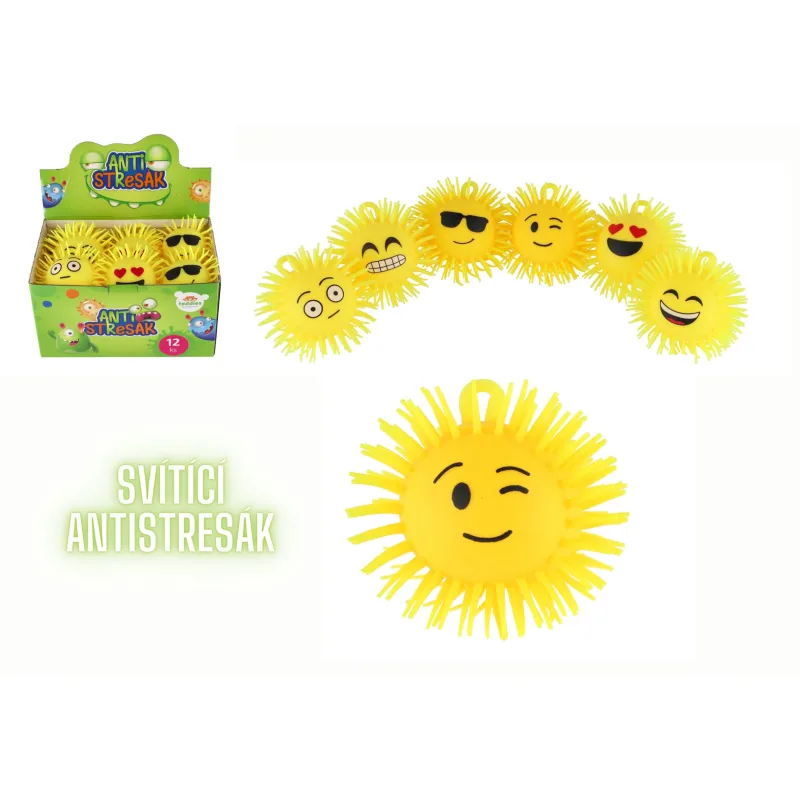 Teddies Loptička chlpatý smajlík antistres. mačkací silikón 8cm na bat. so svetlom mix druhov