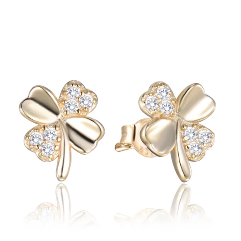 Pozlátené strieborné náušnice Čtyřlístok s bielymi zirkónmi MINET JMAN0481GE00