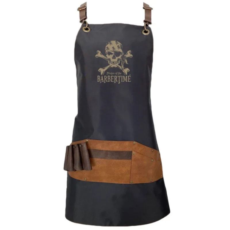 Pirates of the BARBERTIME BARBERTIME Black Apron - barber zástera s vreckami pirátsky znak - čiernohnedá