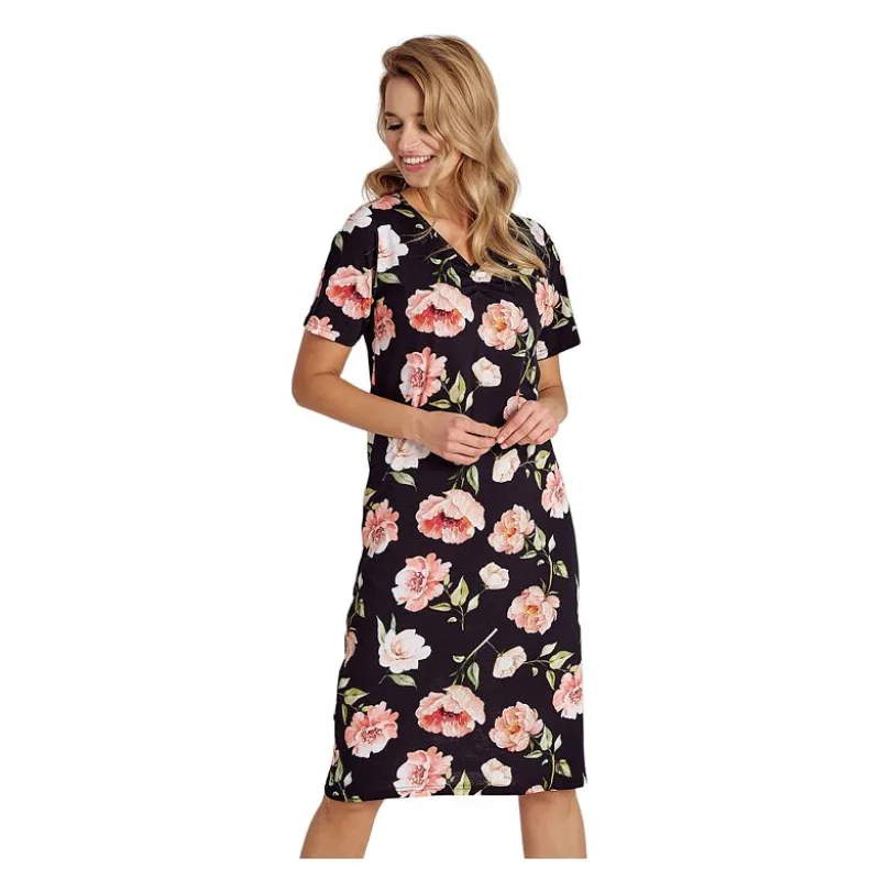 Nočná košeľa Peony čierna s kvetmi M