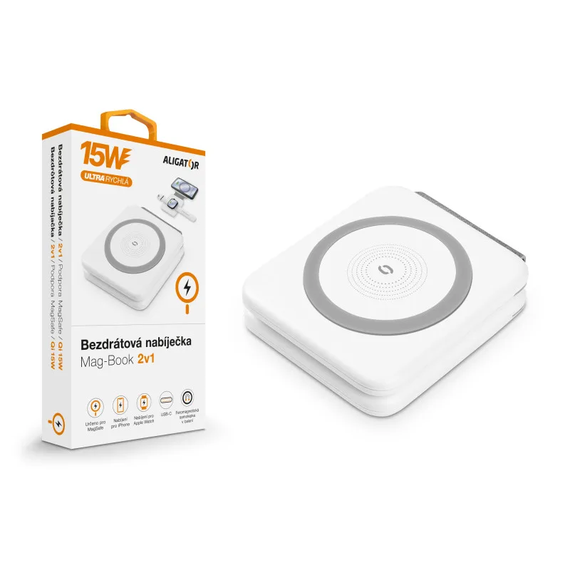 Bezdrátová nabíječka ALIGATOR Mag-Book 2v1, určeno pro MagSafe a nabíjení Apple Watch, 15W, bílá AMS02WT