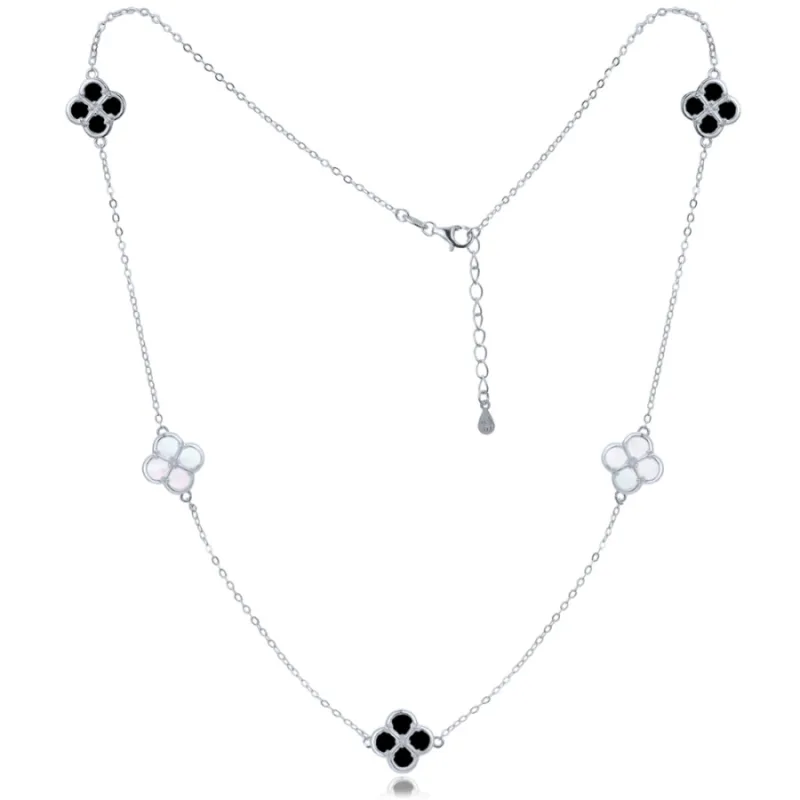 Pozlátený strieborný náhrdelník štvorlístok biely a čierny perleť MINET JMAS7058CN50