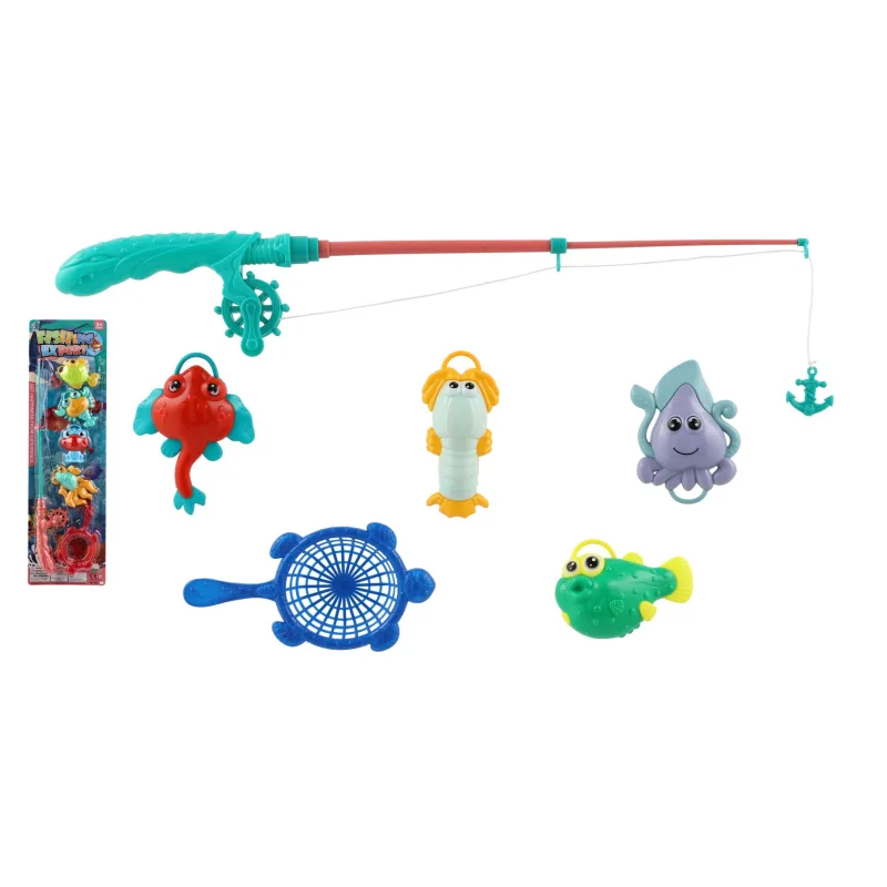 Teddies Hra ryby/rybár s prútom 45cm plast 4 farby na karte 17x58cm