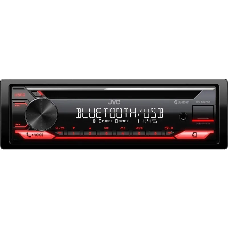 JVC autorádio s CD/MP3/USB/AUX/Bluetooth připojení/červené podsvícení/odním.panel KD-T822BT