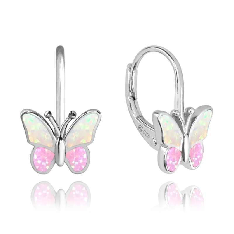 Trblietavé strieborné náušnice motýliky s ružovým opálom MINET JMAD0040PE00