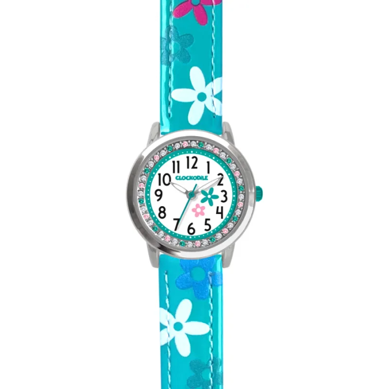 Tyrkysové dievčenské hodinky s kameňmi a kvetmi CLOCKODILE CWG5200