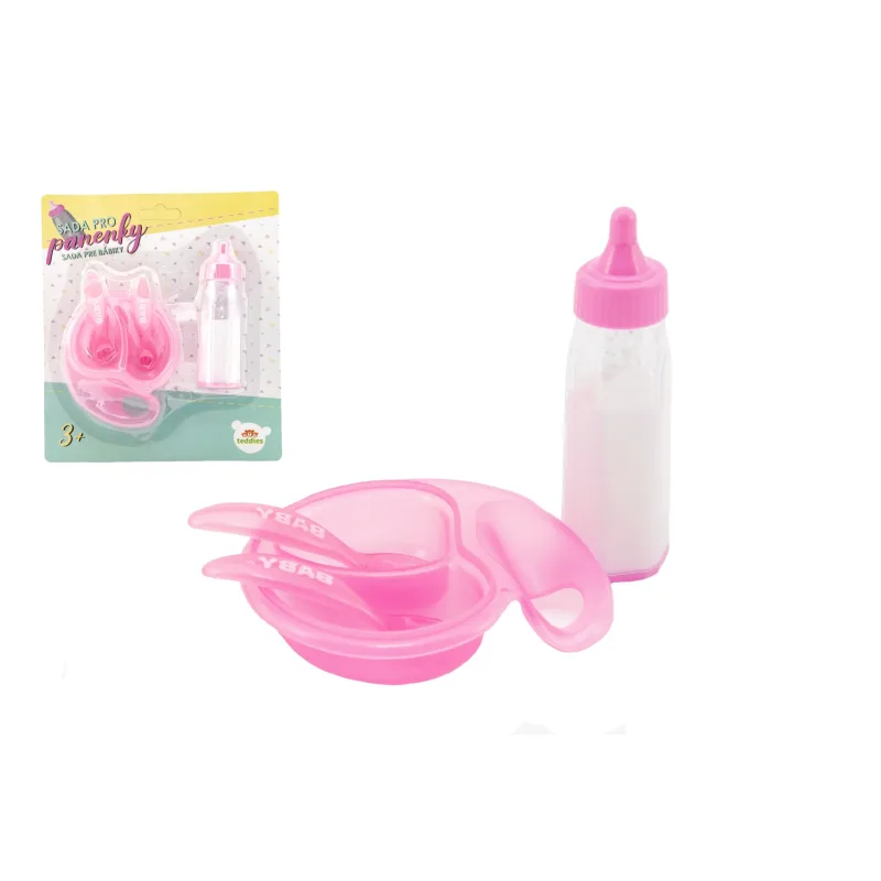 Teddies Sada pre bábiky plast fľaštička, miska s príborom na karte 19x22x4cm